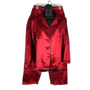 CW Classics Women's Pajama Set Red LgP Satin Collared Long Sleeve and Pants NWOT